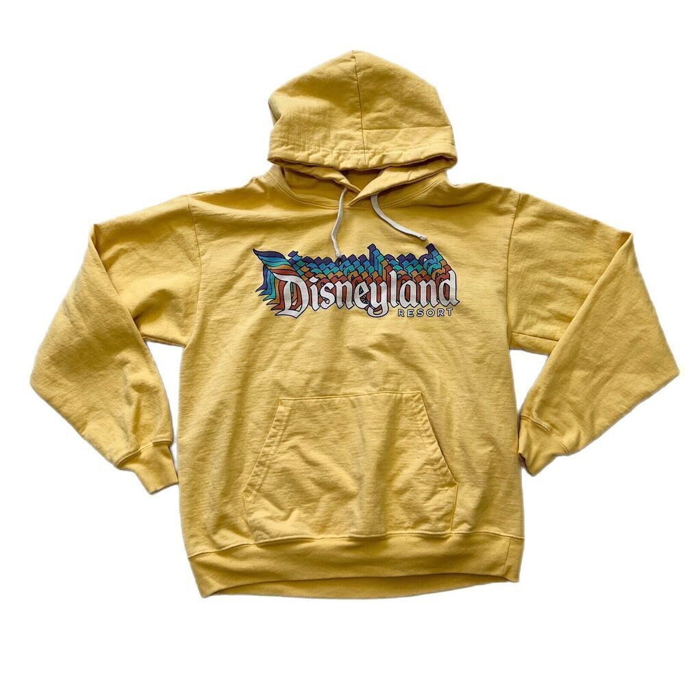 Disneyland Resort Rainbow Retro Banner Hoodie Yellow Sweater Sz S Oversized EUC